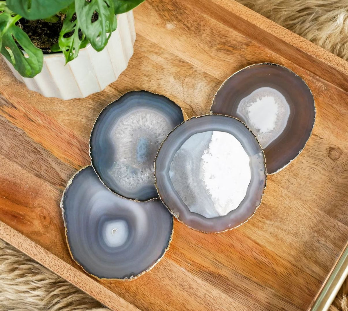 Natural Agate Stone Coaster Set of 4 with Gold Metal Holder