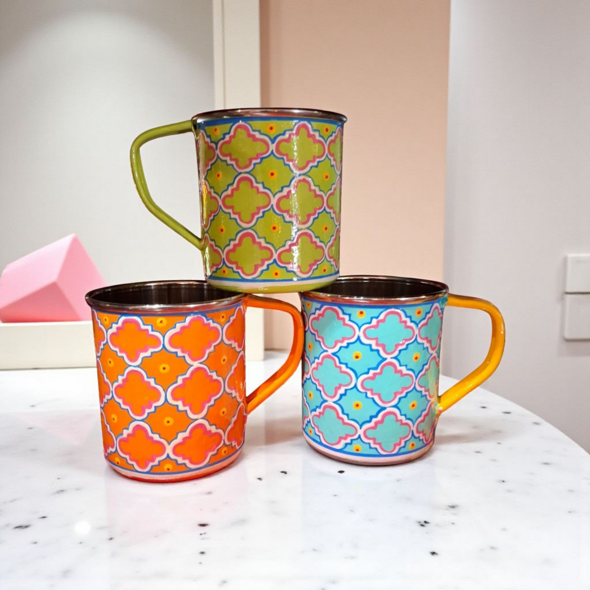 Steel Mug — Quatrefoil Geometric Pattern