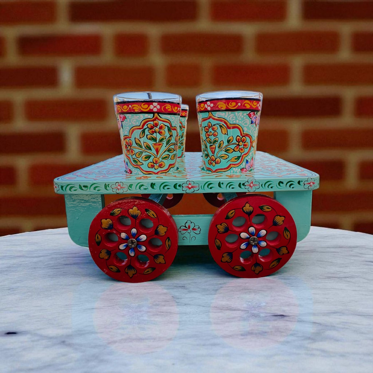 Decorative Mango wood cart with four floral patterned traditional tea glasses or shot glasses 5oz each by Dastkaari