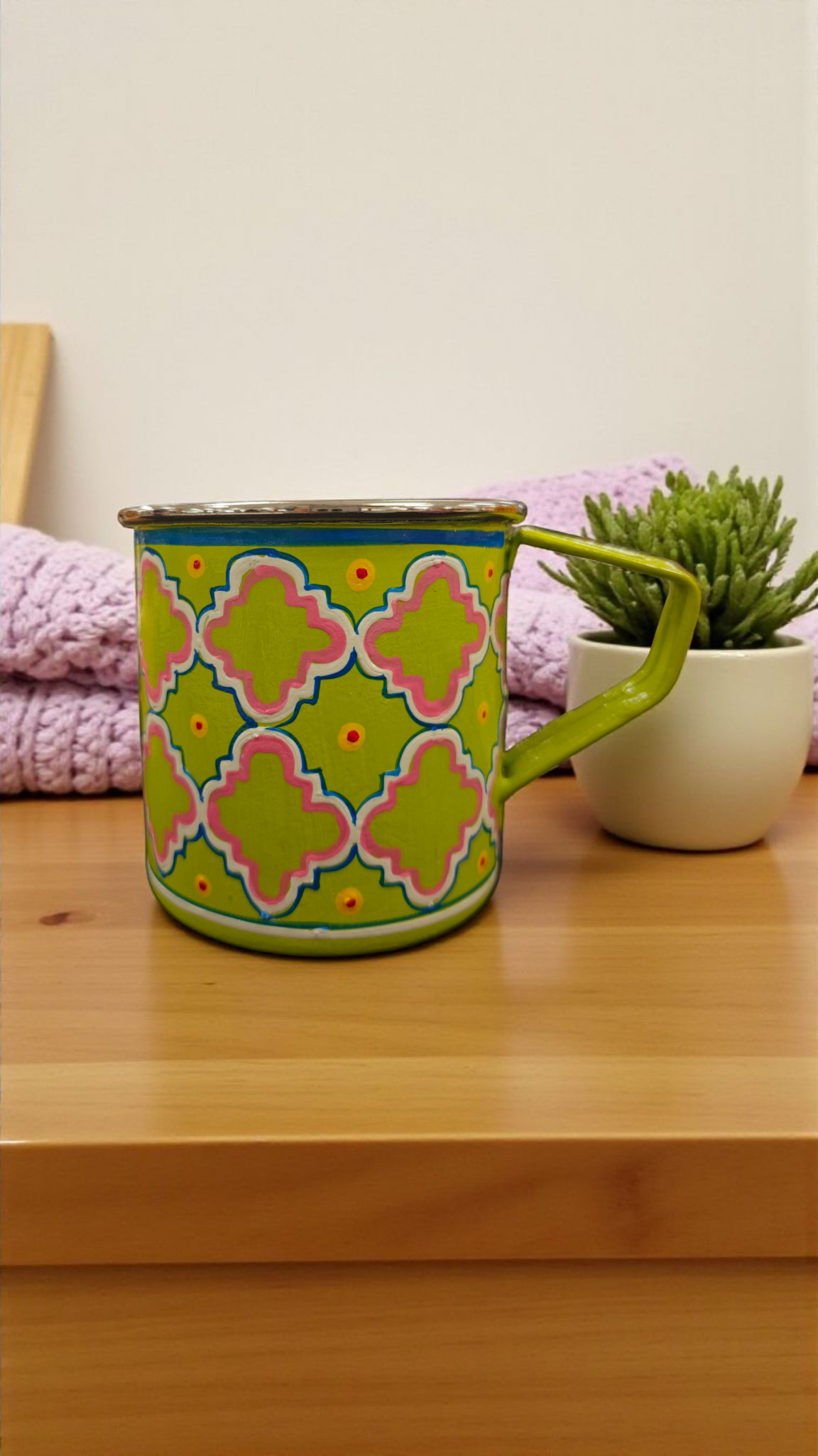 Steel Mug — Quatrefoil Geometric Pattern
