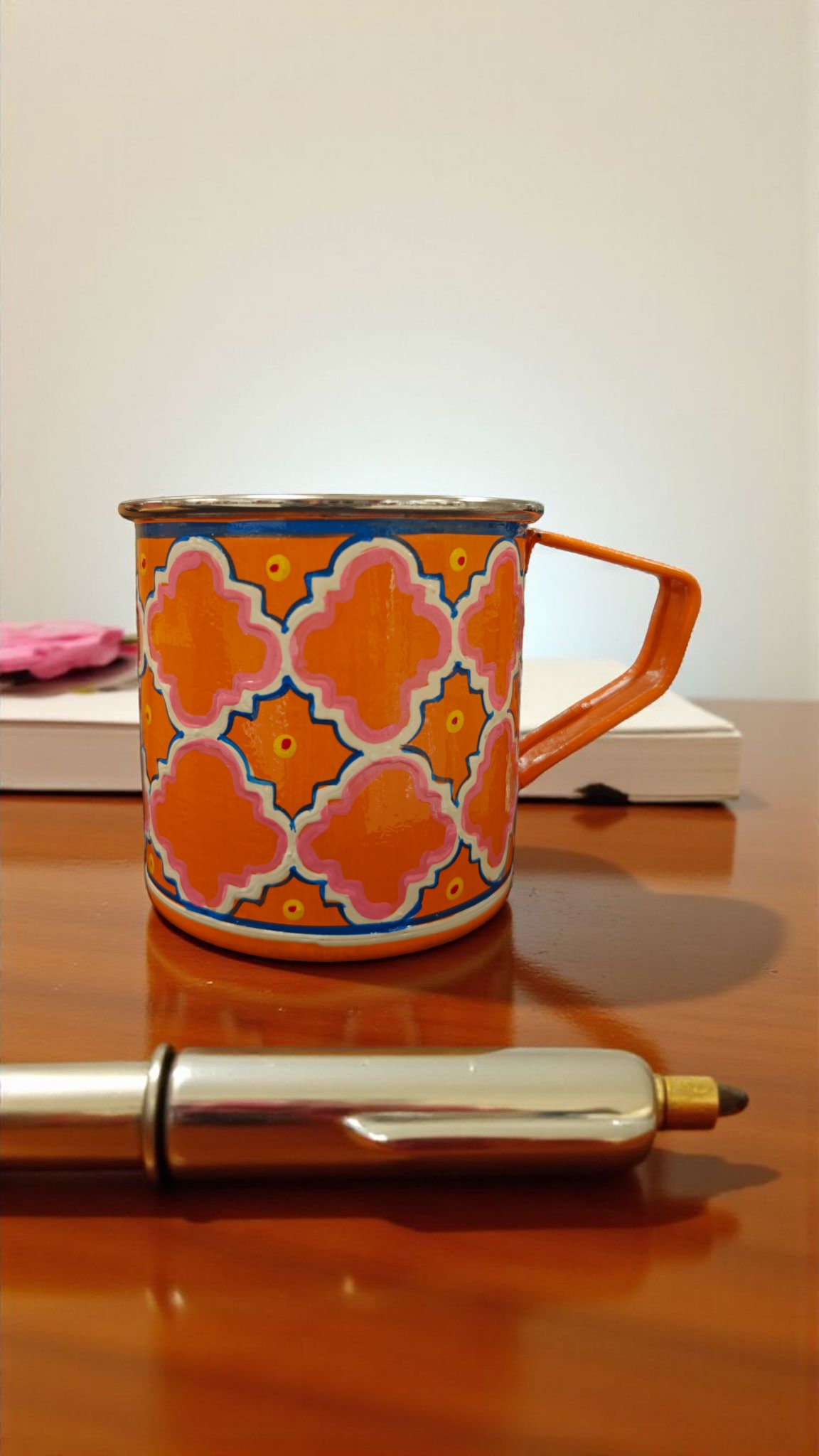 Steel Mug — Quatrefoil Geometric Pattern