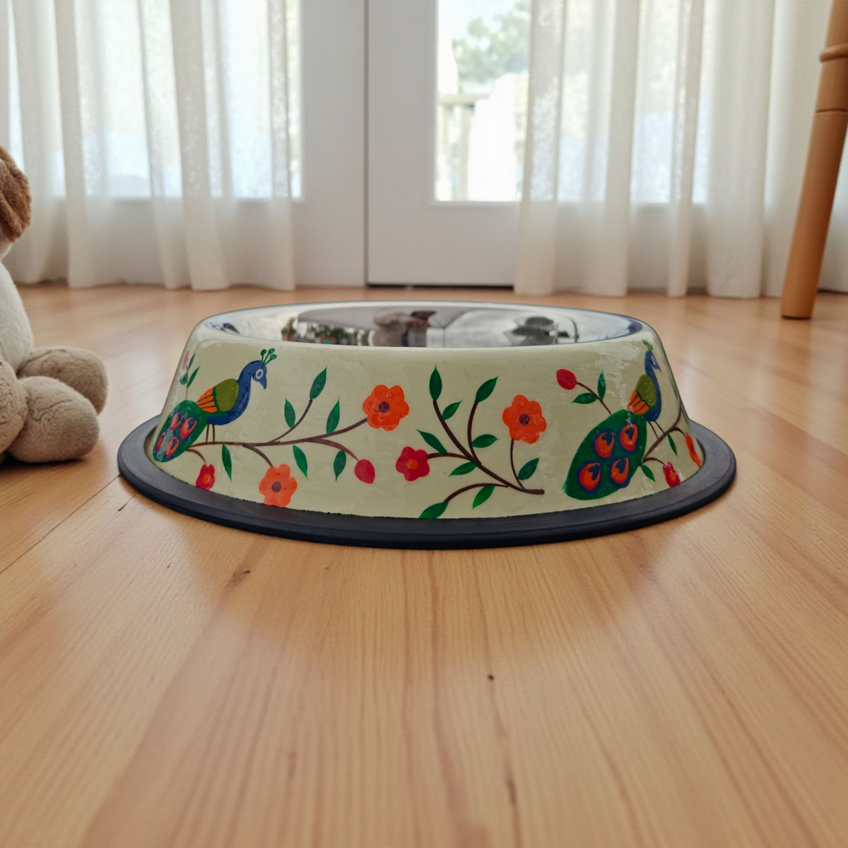Stainless Steel Pet Bowl with Non-Slip Ring | Peacock Design