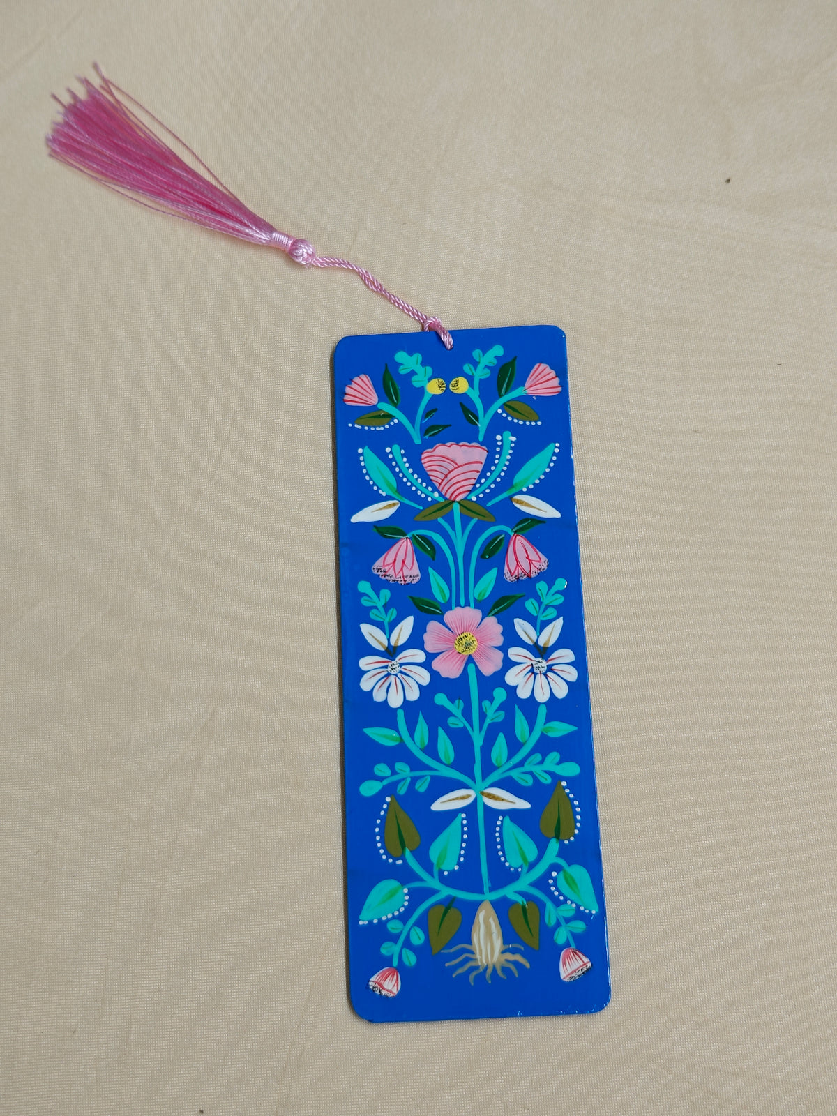 Handpainted wooden bookmark deep blue botanical floral folk art design with tassel gift for readers