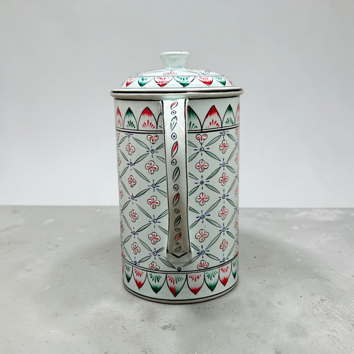 Hand-Painted Water Jug – Geometric Floral Pattern, Light Teal, Lemon Yellow or Mint