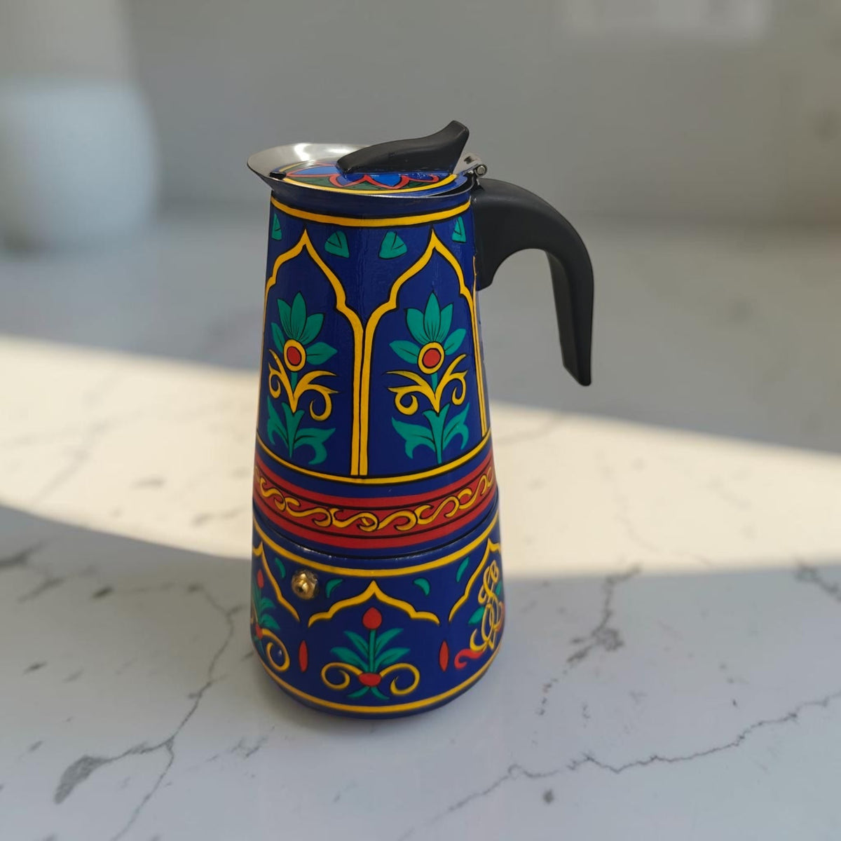 Stainless Steel Moka Pot – Royal Blue Floral, Hand-Painted Stovetop Espresso Maker