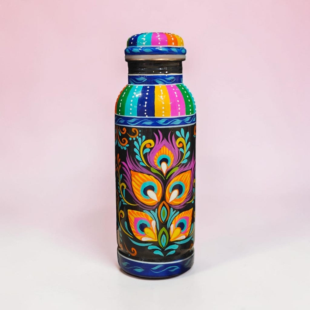 Copper Water Bottle — Peacock Feather Folk Art Design