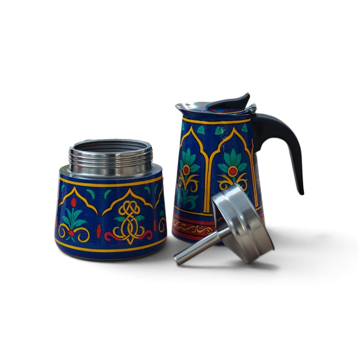 Stainless Steel Moka Pot – Royal Blue Floral, Hand-Painted Stovetop Espresso Maker