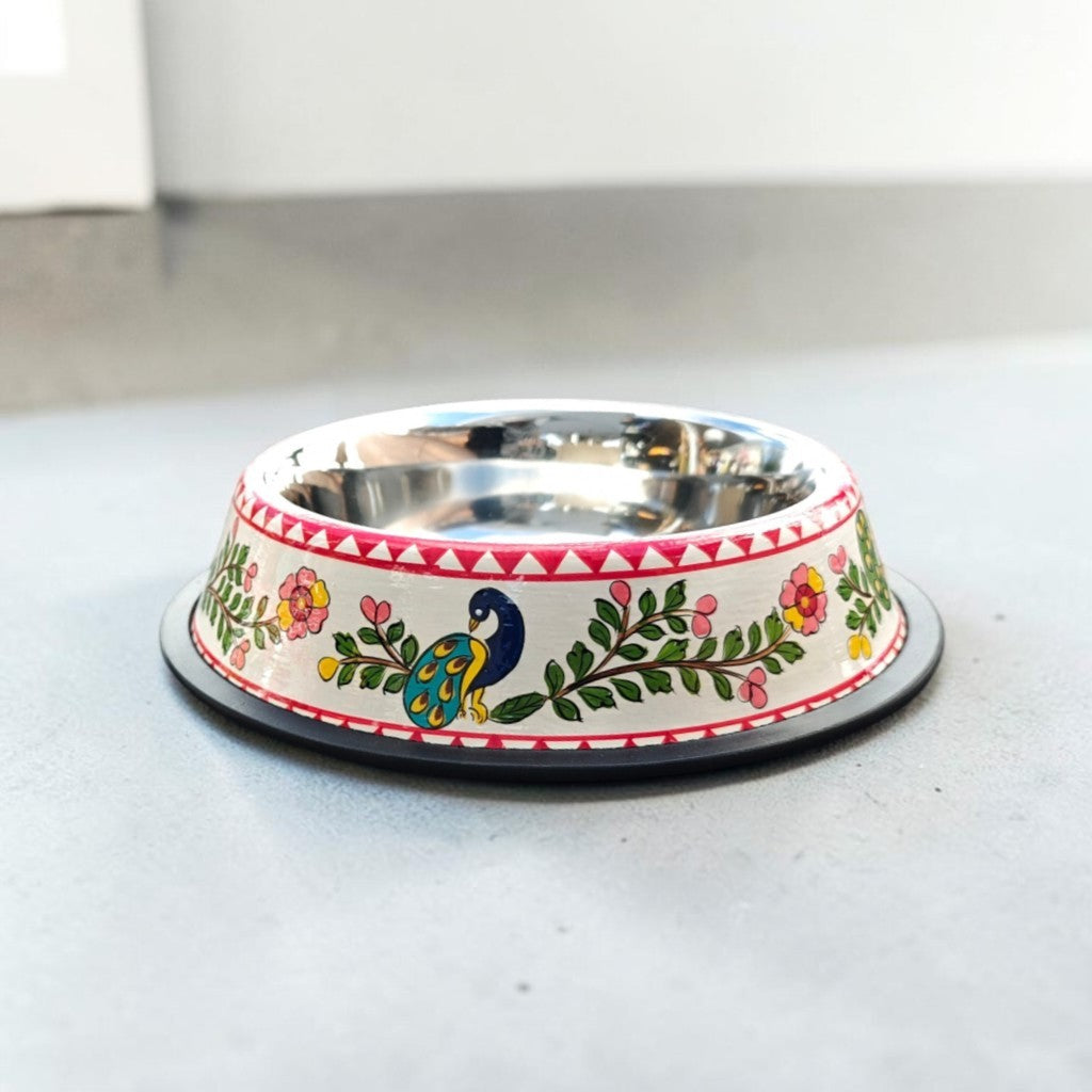 Stainless Steel Pet Bowl with Non-Slip Ring | Peacock Design