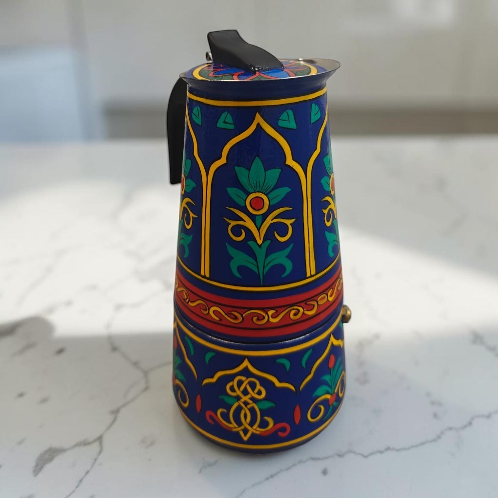 Stainless Steel Moka Pot – Royal Blue Floral, Hand-Painted Stovetop Espresso Maker