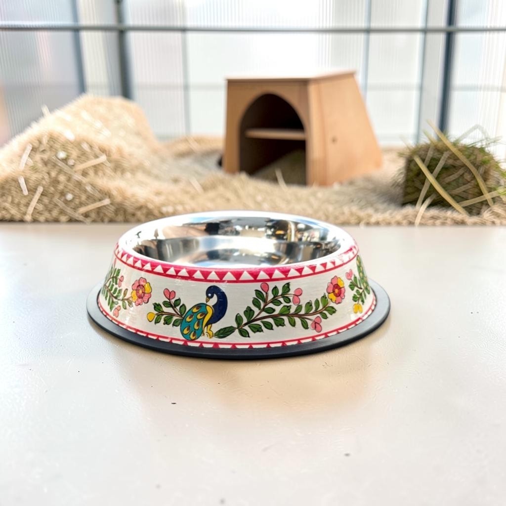 Stainless Steel Pet Bowl with Non-Slip Ring | Peacock Design