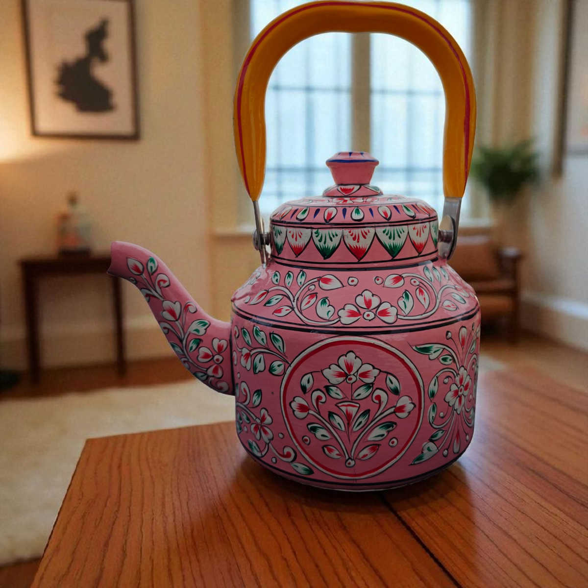 Hand-painted stainless steel tea kettle 1L with Indo-Pak truck art design by Dastkaari