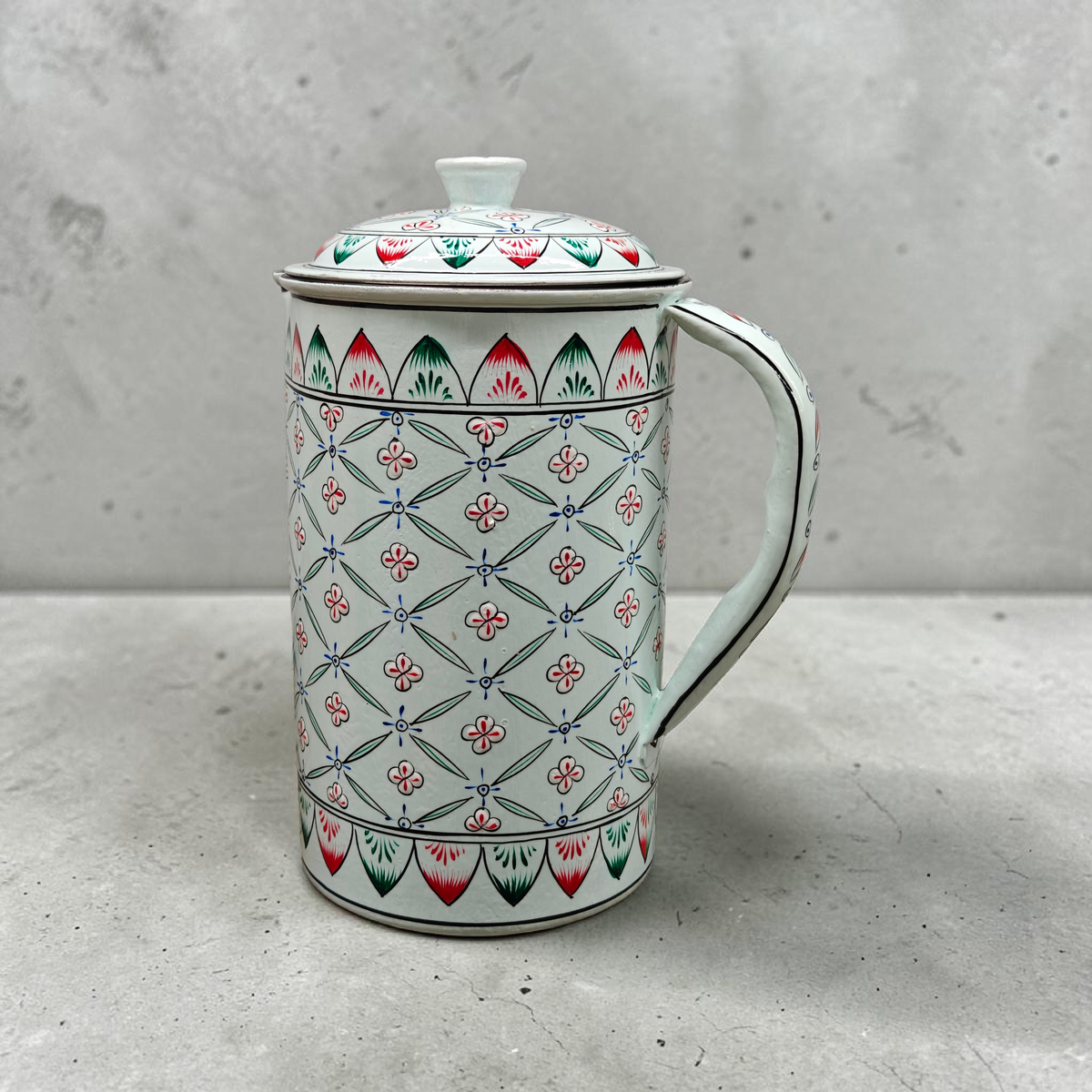 Hand-Painted Water Jug – Geometric Floral Pattern, Light Teal, Lemon Yellow or Mint