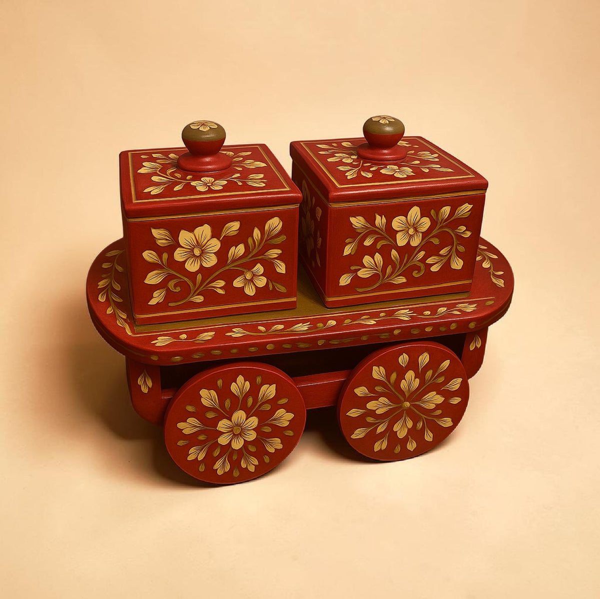 Mango Wood Spice Rairi — 2 Box Cart | Maroon & Olive