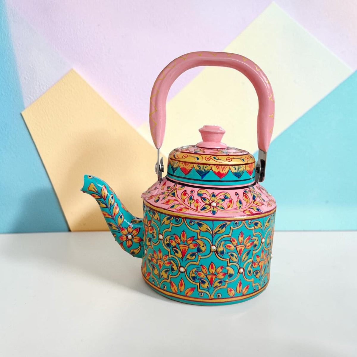 Tea Kettle 1L — Teal with Coral Pink Floral Design