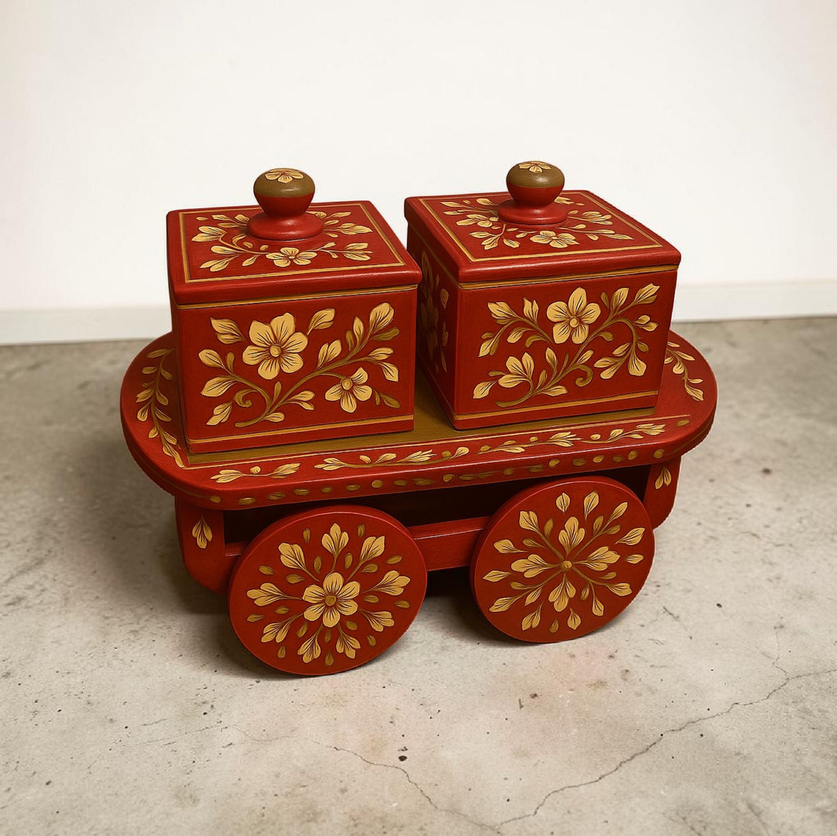 Mango Wood Spice Rairi — 2 Box Cart | Maroon & Olive