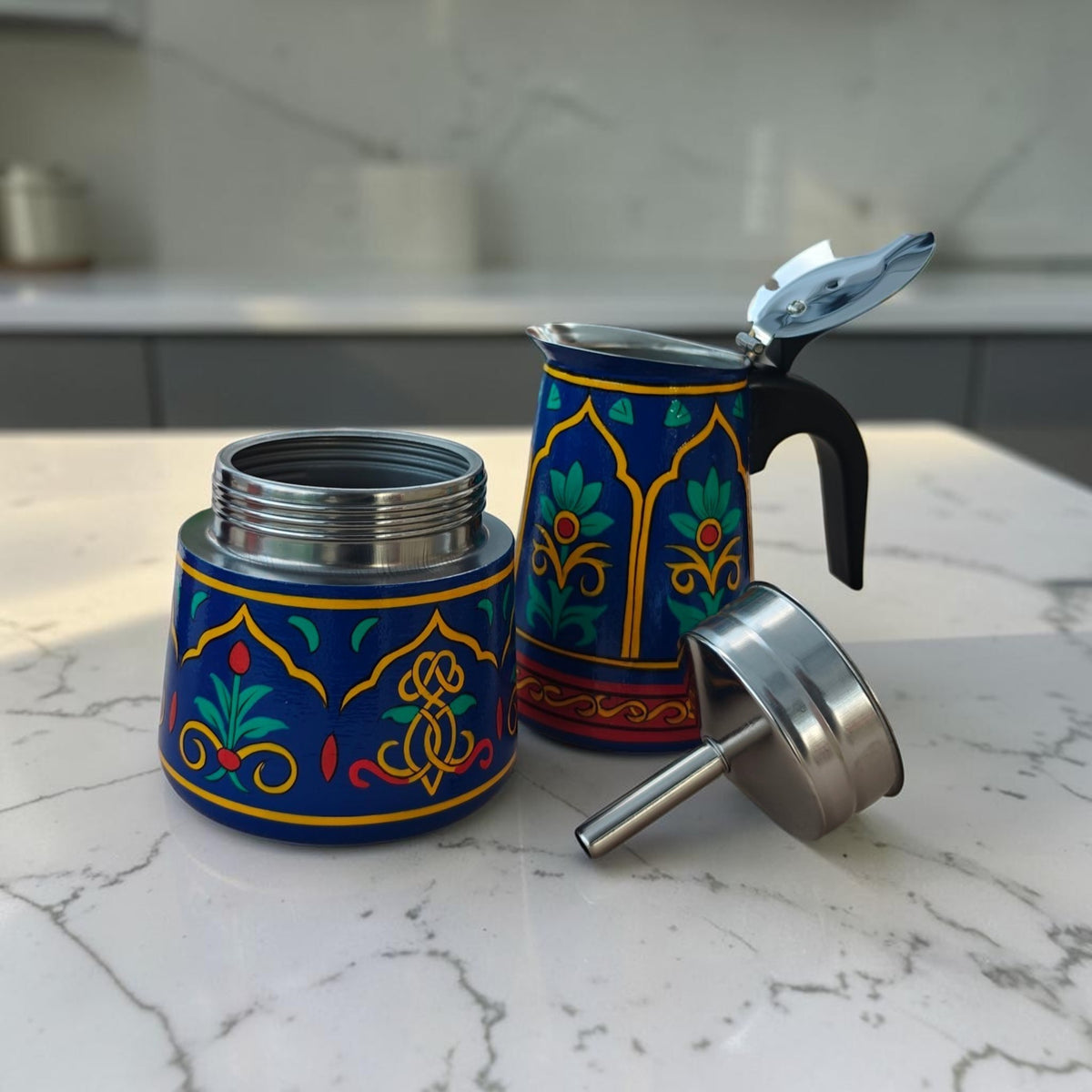 Stainless Steel Moka Pot – Royal Blue Floral, Hand-Painted Stovetop Espresso Maker
