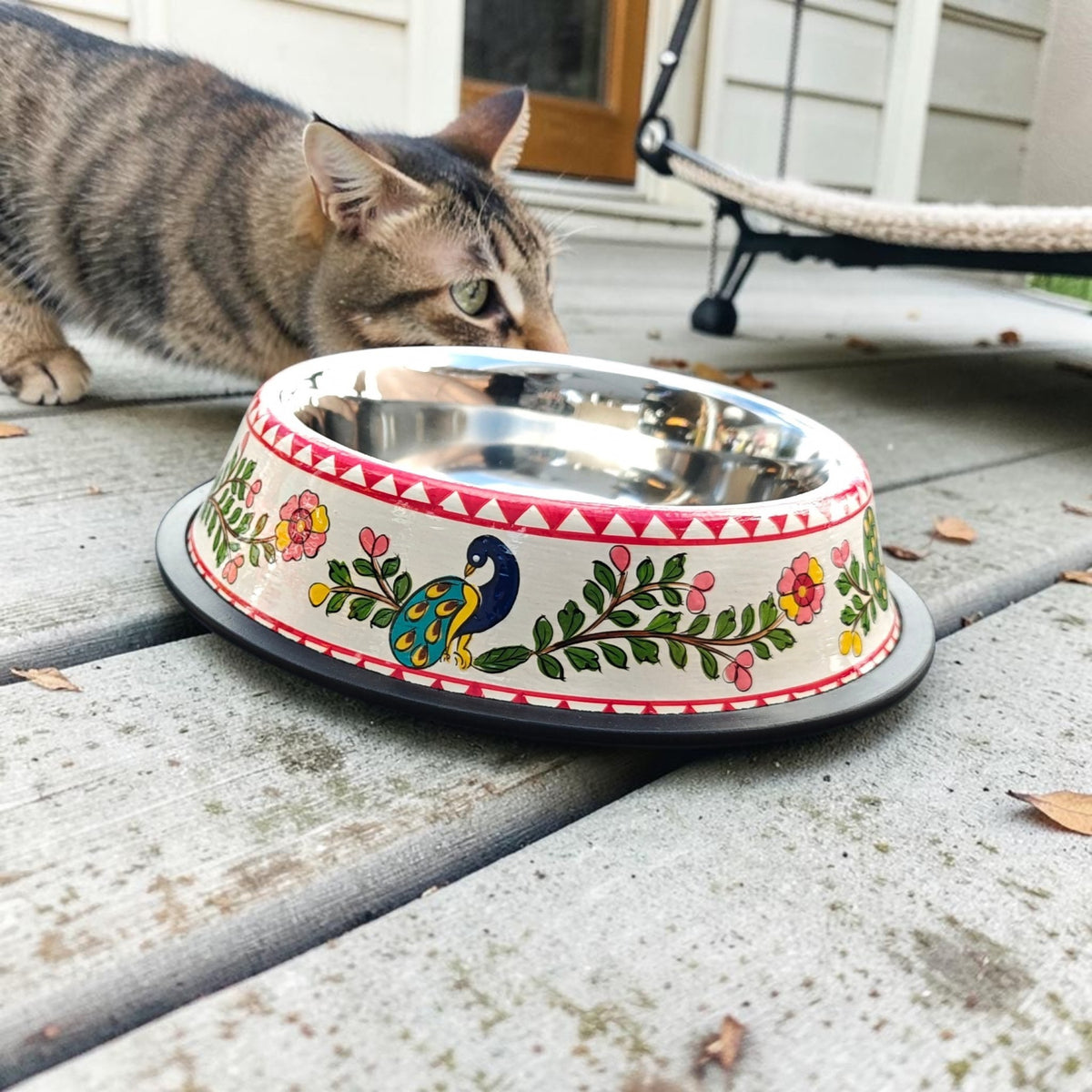 Stainless Steel Pet Bowl with Non-Slip Ring | Peacock Design