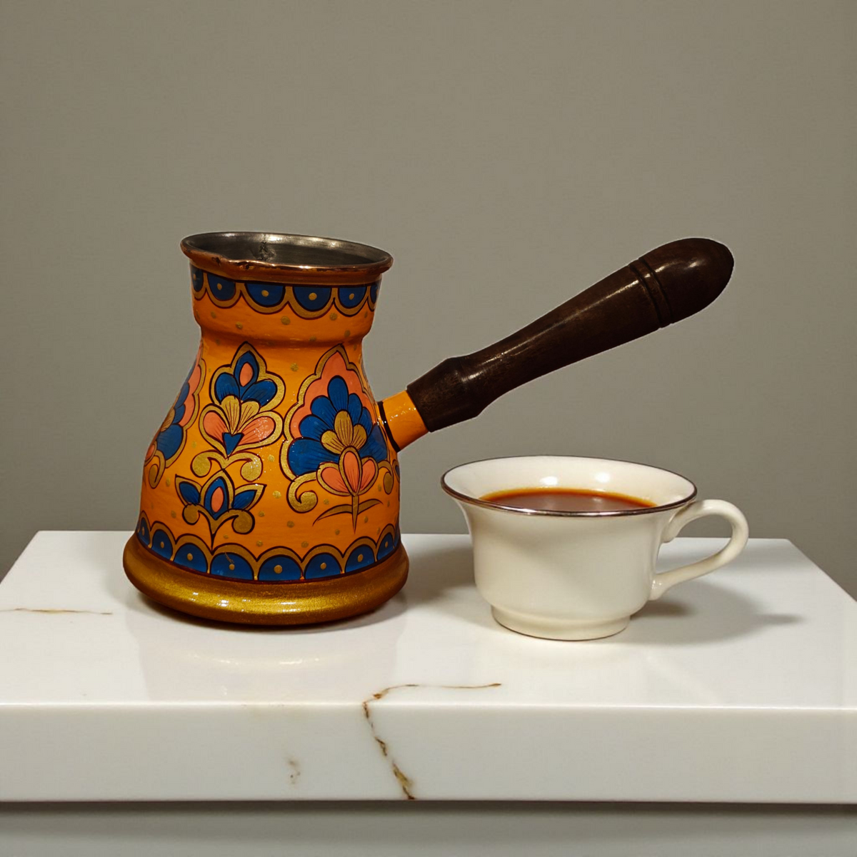 Decorative functional turkish coffee pot cezve 400ml with floral motifs by Dastkaari