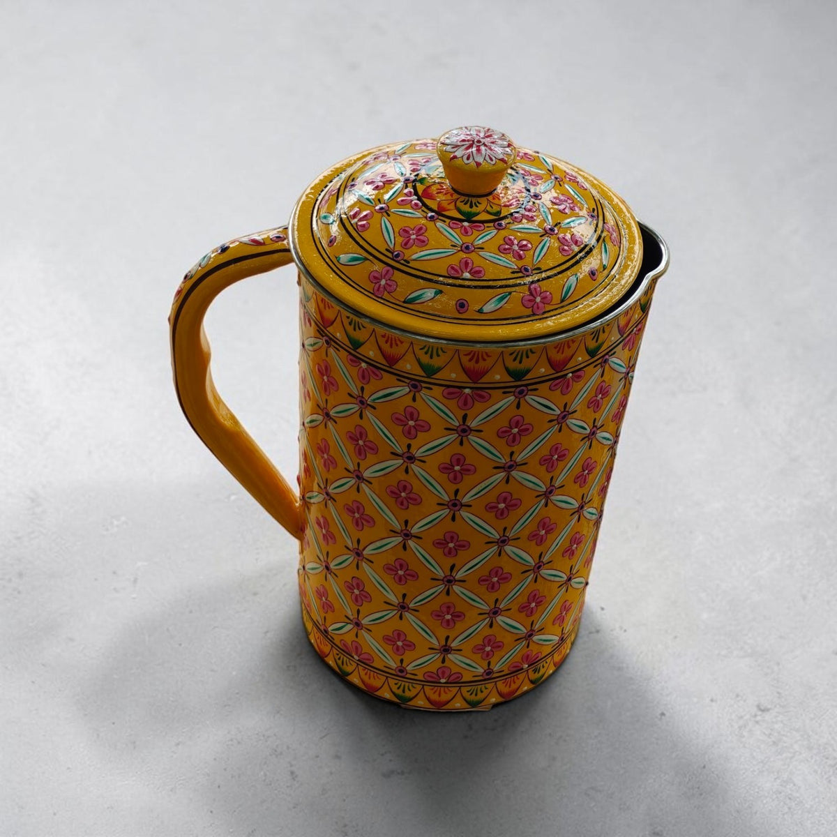 Hand-Painted Water Jug – Geometric Floral Pattern, Light Teal, Lemon Yellow or Mint
