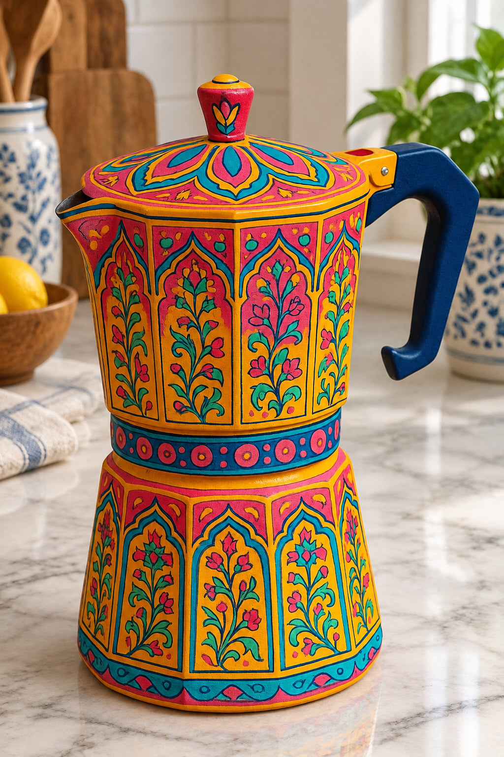 Hand-painted stainless steel moka pot with Mughal floral motifs by Dastkaari