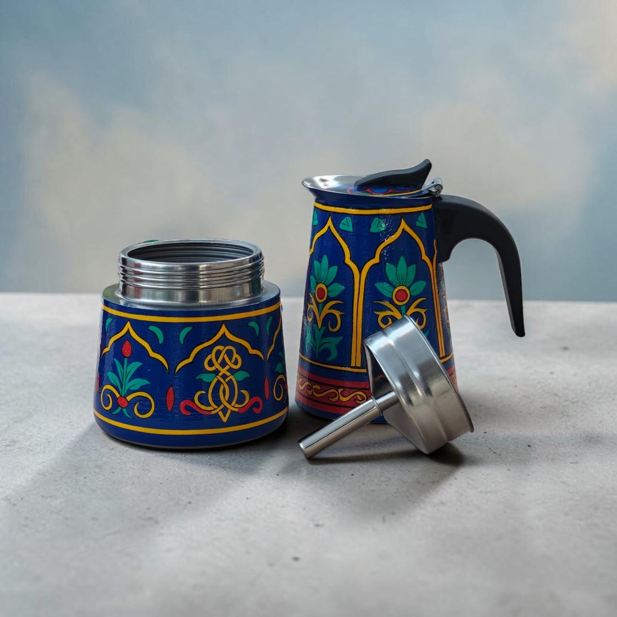 Stainless Steel Moka Pot – Royal Blue Floral, Hand-Painted Stovetop Espresso Maker