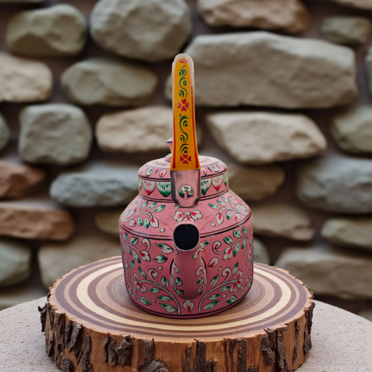 Side view of artisan hand-painted stainless steel tea kettle 1L by Dastkaari