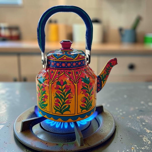 Hand-painted kettle inspired by Pakistani truck art patterns by Dastkaari