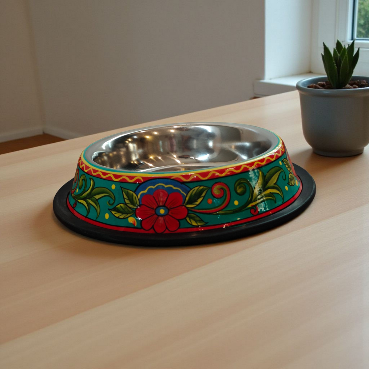 Stainless Steel Pet Bowl with Non-Slip Ring | Green with Red Daisy