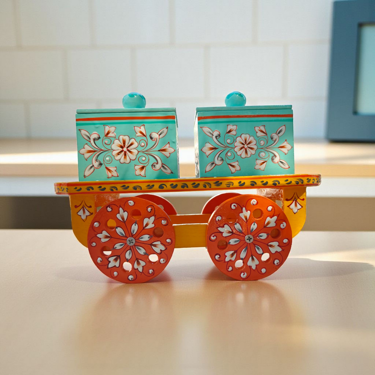 Hand-painted mango wood rolling cart rairi 2 box with Indo-Pak truck art design by Dastkaari