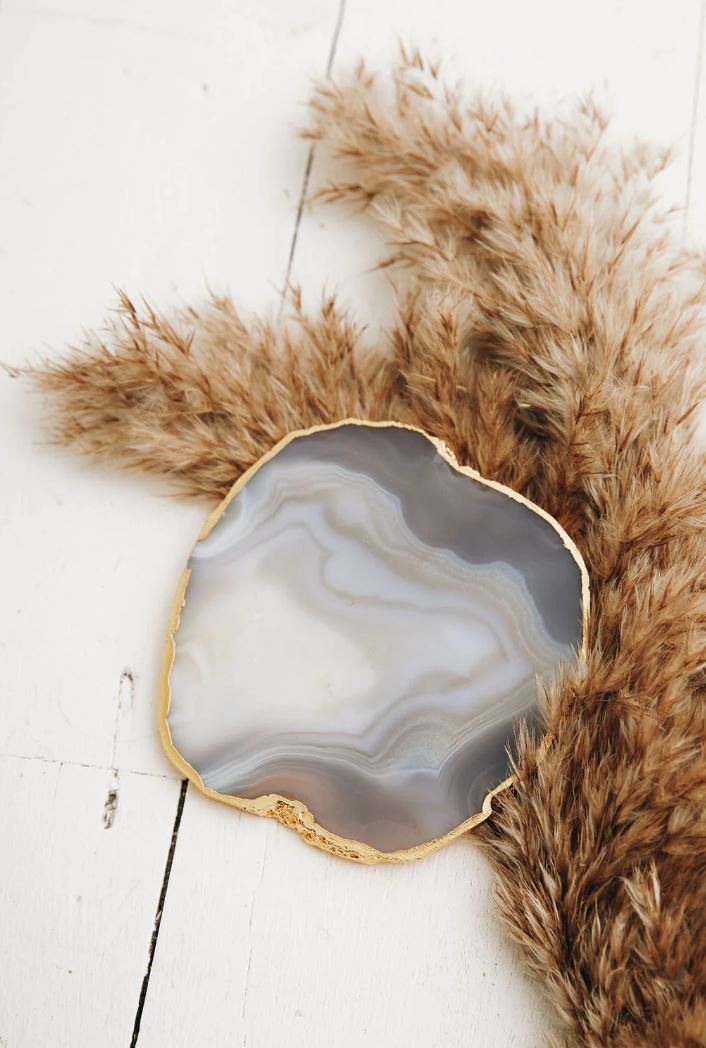 Natural Agate Stone Coaster Set of 4 with Gold Metal Holder