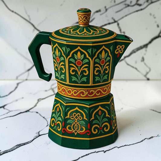Espresso Maker Bialetti Moka Pot Italian Style - Emerald Green & Yellow Motifs