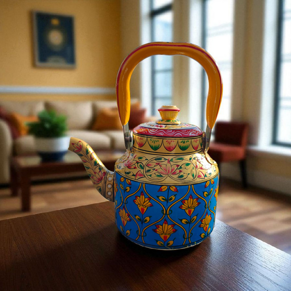 Side view Close up of hand-painted floral design on stainless steel tea kettle 1L by Dastkaari