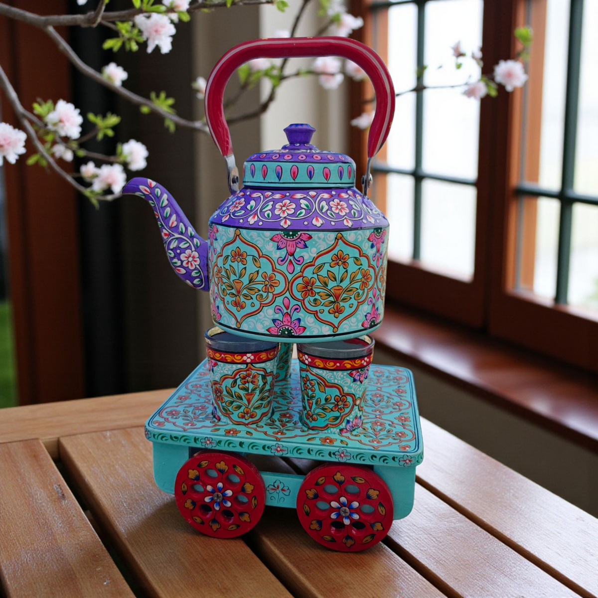 Hand-painted stainless steel tea kettle 1L or 1.5L with Indo-Pak truck art design on a rairi with 4 glasses 5oz each by Dastkaari