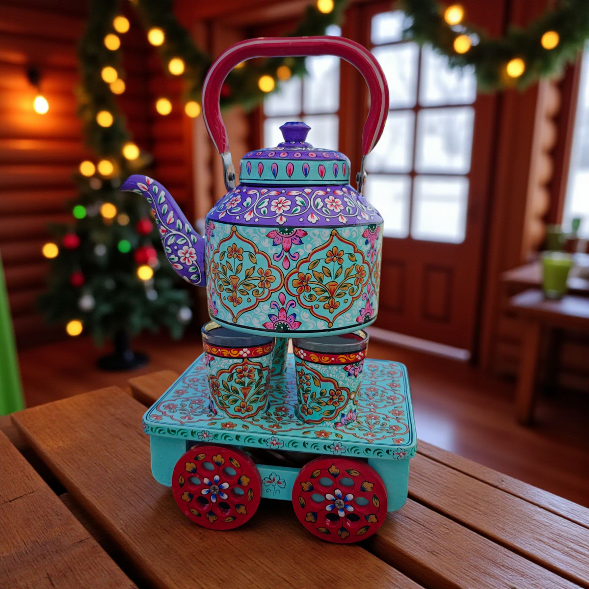 Hand-painted stainless steel tea kettle 1.5L with moving wooden tea glass holder with 4 tea glasses a unique housewarming gift by Dastkaari