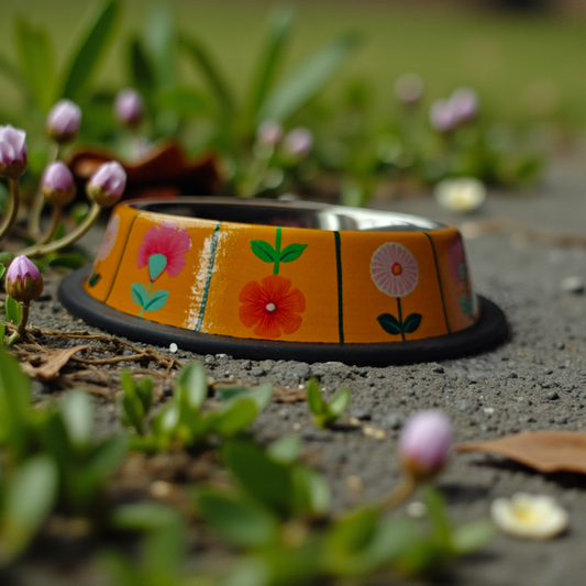 Stainless Steel Pet Bowl with Non-Slip Ring | Floral Pattern Geometric