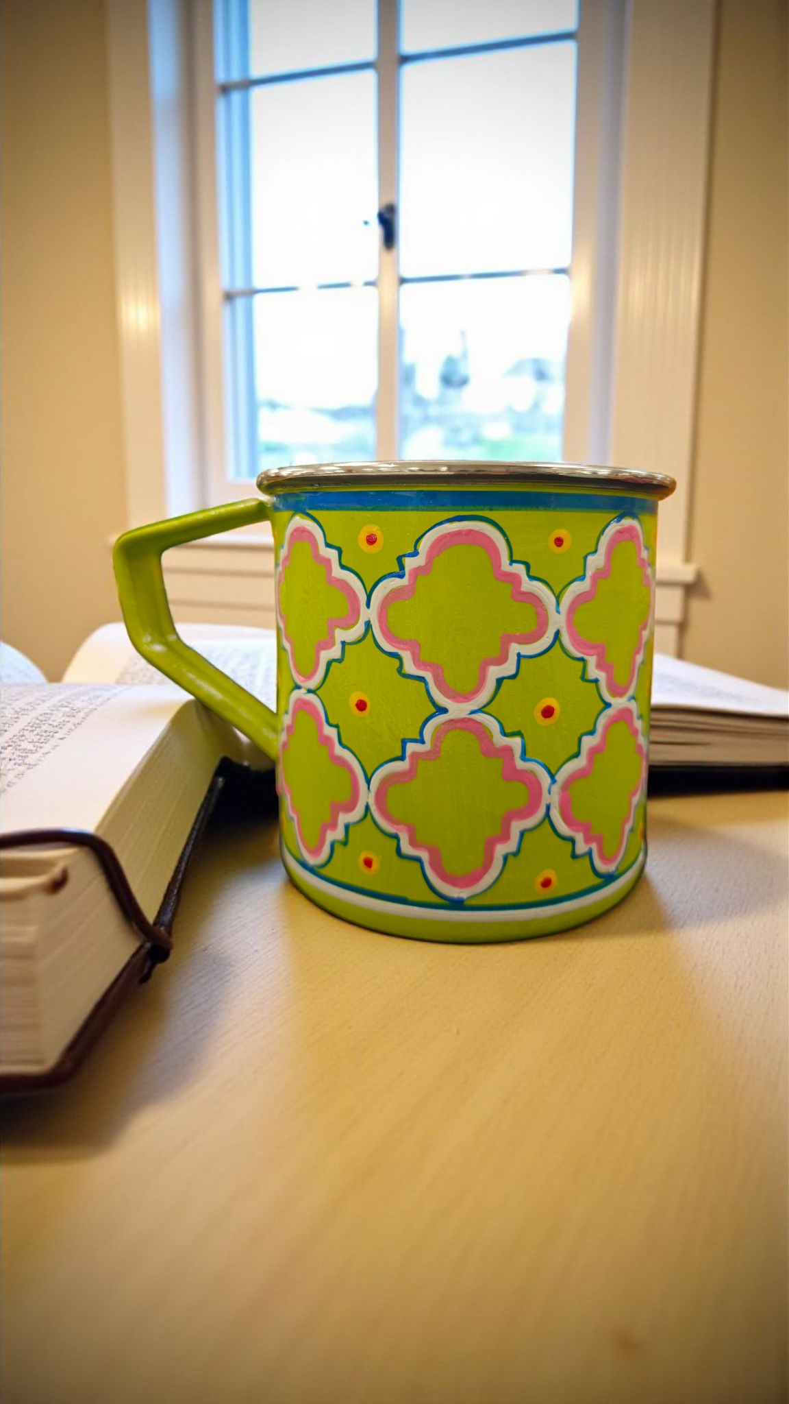 Steel Mug — Quatrefoil Geometric Pattern