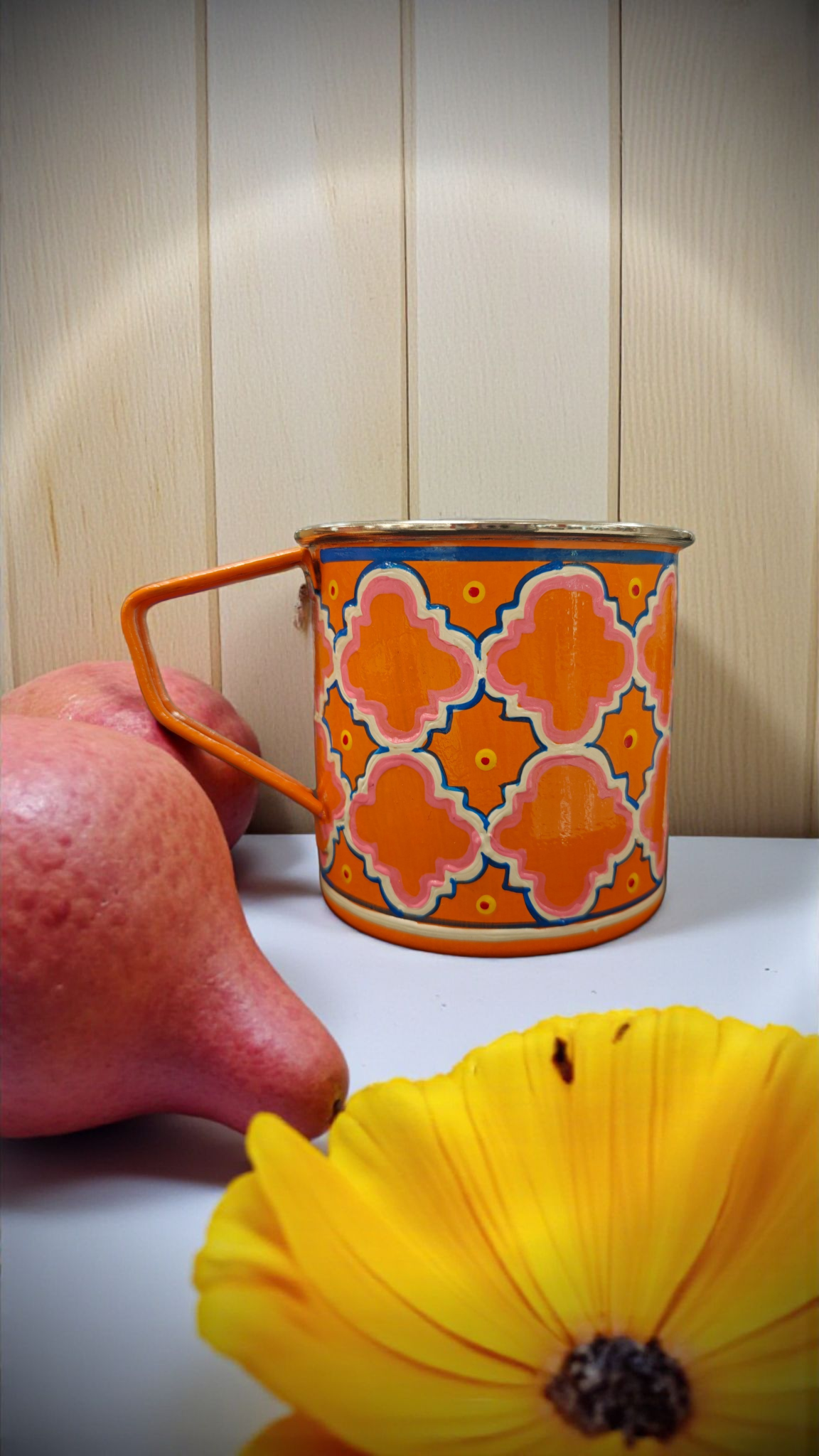 Steel Mug — Quatrefoil Geometric Pattern