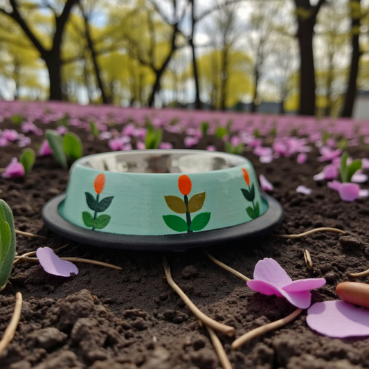 Stainless Steel Pet Bowl with Non-Slip Ring | Geometric Tulip Pattern