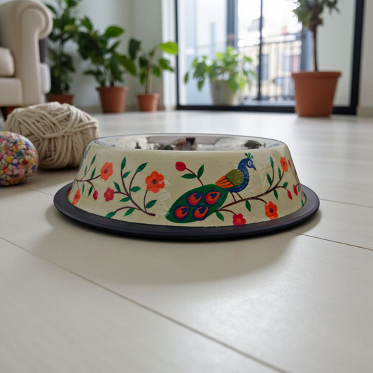 Stainless Steel Pet Bowl with Non-Slip Ring | Peacock Design