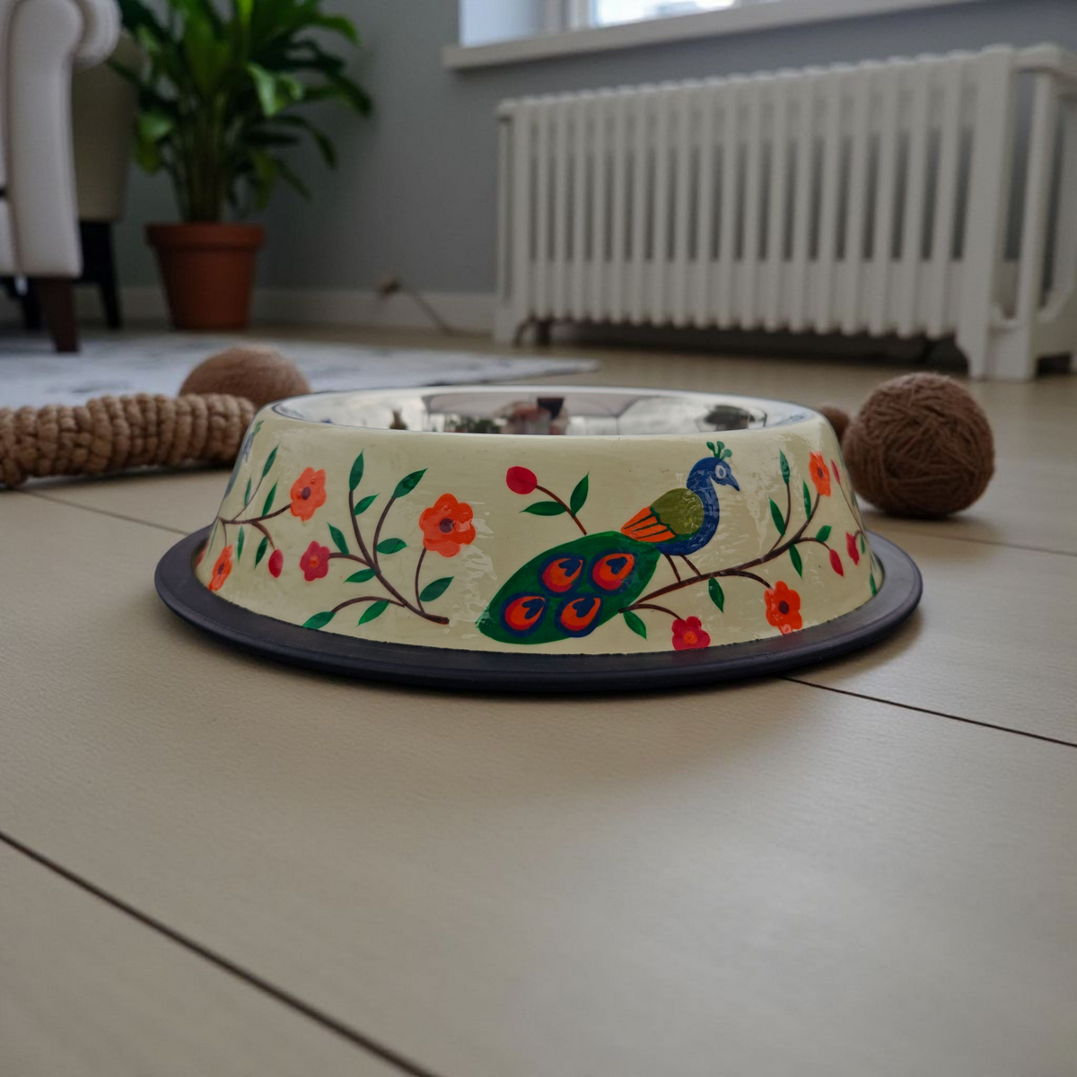 Stainless Steel Pet Bowl with Non-Slip Ring | Peacock Design