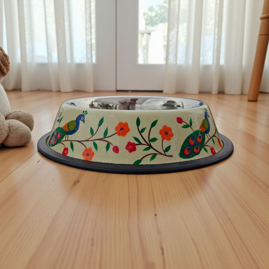 Stainless Steel Pet Bowl with Non-Slip Ring | Peacock Design
