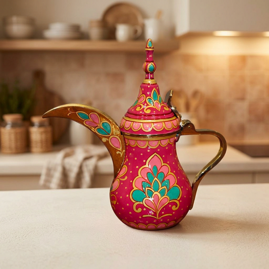 Pink hand-painted brass dallah coffee pot from the Lotus Series