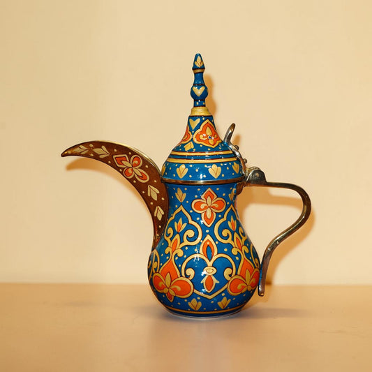 Hand-painted blue brass dallah Arabic coffee pot with lotus motif