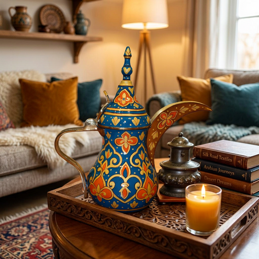 Brass Dallah Arabic Coffee Pot – Blue Lotus Series, 500ml