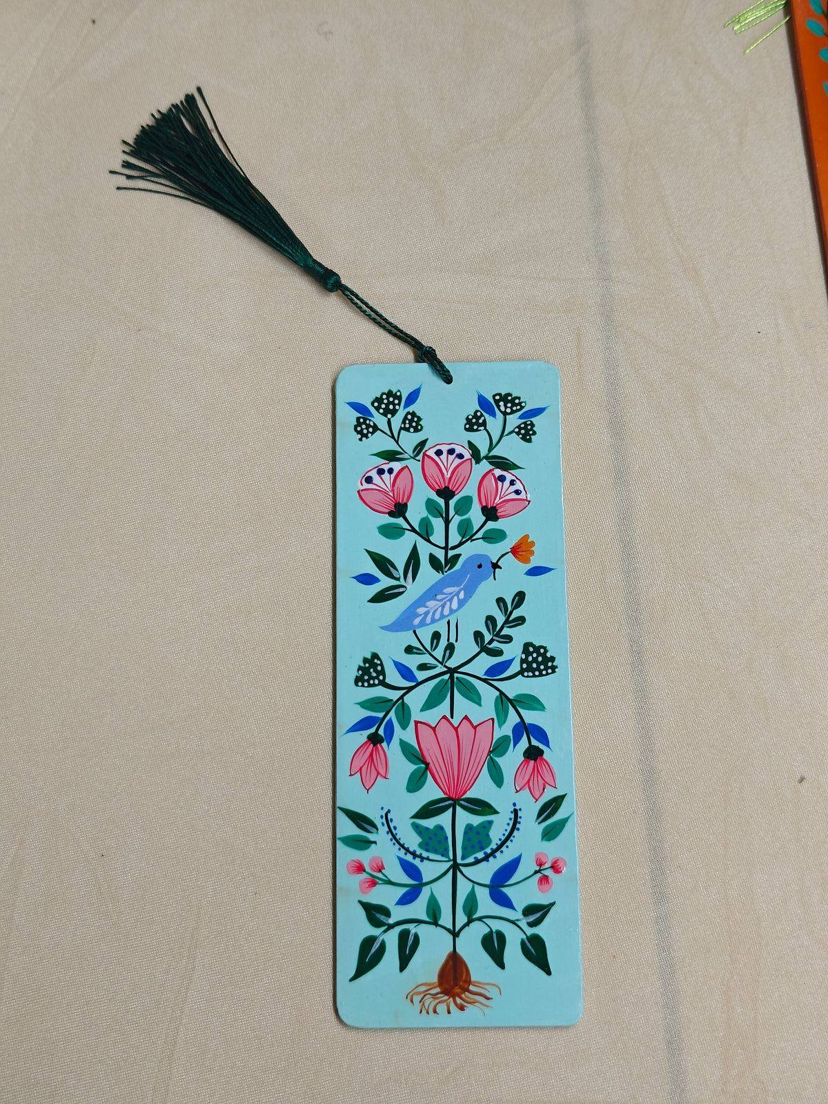 Folk art bookmark navy nighttime garden moon stars flowers handmade reader accessory
