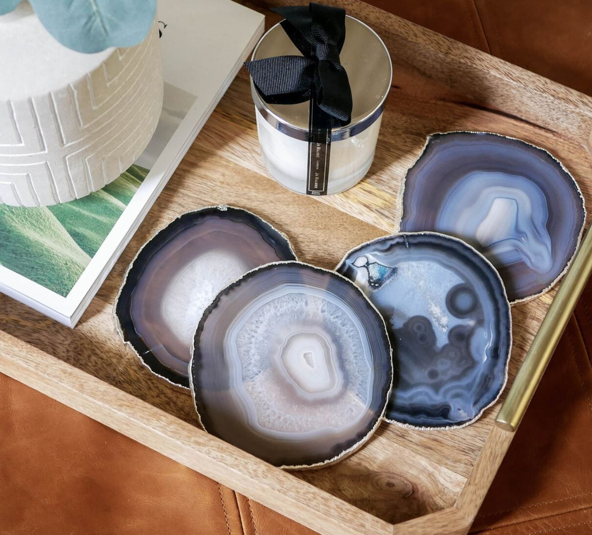Natural Agate Stone Coaster Set of 4 with Gold Metal Holder