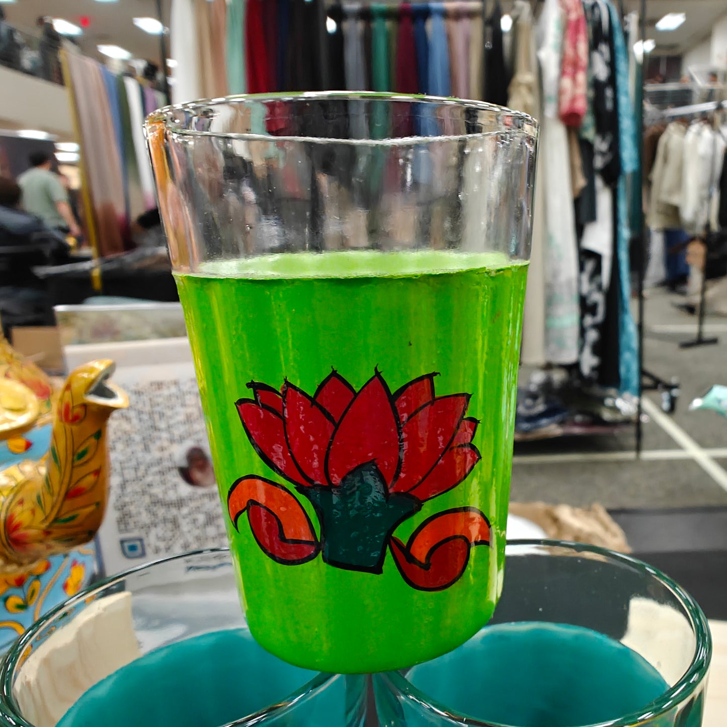 Hand-Painted Glass Tumbler Set (6) with Holder | Vibrant Indian Drinkware