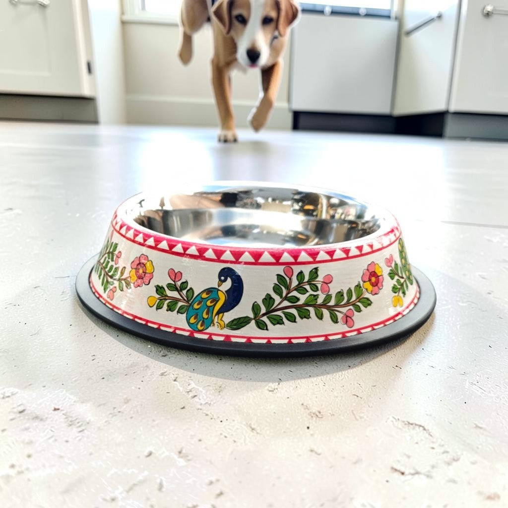 Stainless Steel Pet Bowl with Non-Slip Ring | Peacock Design