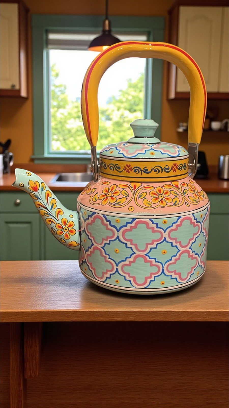 Side view of artisan hand-painted stainless steel tea kettle 1L by Dastkaari