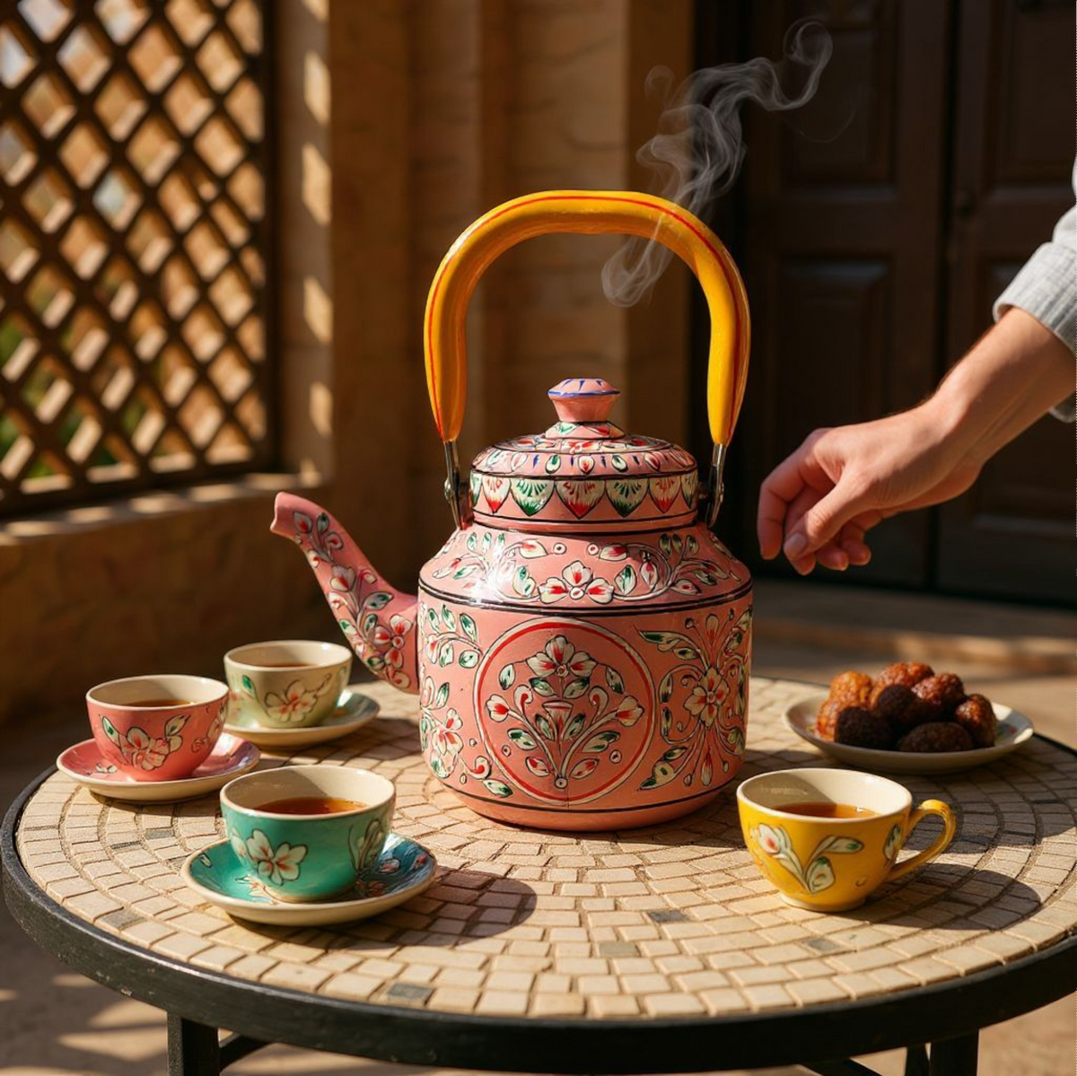 Top view of hand-painted stainless steel kettle 1L with Mughal floral motifs by Dastkaari